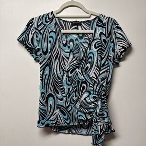 Brittany Black Blue Black White Swirl Wrap Top